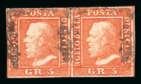 Stamp of Italian States » Sicily » 5 Grana, Plate I » Stamps Sicily 1859 5 Gr. plate I, vermilion (vermiglio), used horizontal pair, positions 14-15, four margins, fresh and very fine, a rare shade in pair.