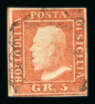 1859 5 Gr. Plate I, vermilion (vermiglio), with four margins. Fine used example, cancelled by an almost complete framed handstamp.  A particularly attractive stamp, the exceptionally complete cancellation leaving the des