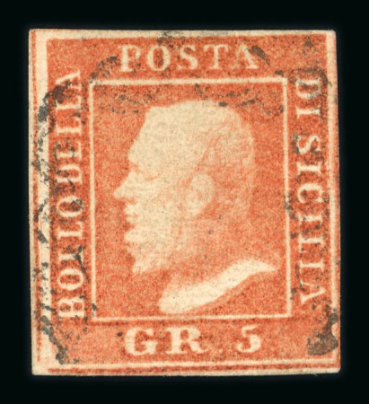 1859 5 Gr. Plate I, vermilion (vermiglio), with four margins. Fine used example, cancelled by an almost complete framed handstamp.  A particularly attractive stamp, the exceptionally complete cancellation leaving the des