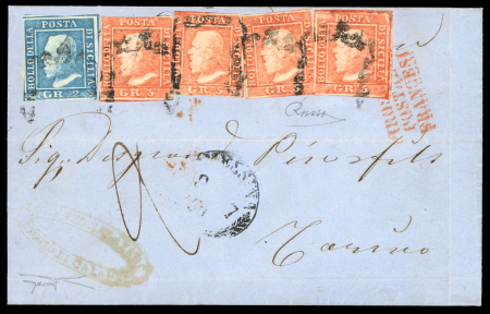 Stamp of Italian States » Sicily » 5 Grana, Plate I » Covers Sicily 1859 5Gr plate I, vermiglio four singles and 2Gr cover to Torino