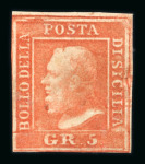 Stamp of Italian States » Sicily » 5 Grana, Plate I » Retouches Sicily 1859 5 Gr. plate I, vermilio (vermiglio), mint single with original white gum, showing position 10 retouch with reinforcing lines top left, close to good margins, slight yellowing on face, very fine and scarce.