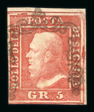 1859 5 Gr. Plate I, carmine-rose (rosa carminio), position 10 showing retouch (reinforced lines at upper left), with good to large margins. Fine used example.   A scarce and attractive example of this recorded retouched 