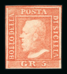 Stamp of Italian States » Sicily » 5 Grana, Plate I » Retouches Sicily 1859 5Gr. plate I, vermilion (vermiglio), mint with original thin white gum, close to good margins, showing position 46 with retouch vertical line top right corner, very fine and scarce.