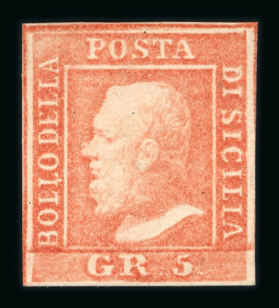 Stamp of Italian States » Sicily » 5 Grana, Plate I » Retouches Sicily 1859 5Gr. plate I, vermilion (vermiglio), mint with original thin white gum, close to good margins, showing position 46 with retouch vertical line top right corner, very fine and scarce.