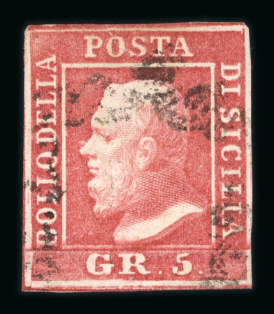 1859 5 Gr. Plate I, carmine (carminio), position 19 showing retouch (vertical line at right), with four even margins. Fine used example.   A scarce and attractive example of this recorded retouched position, with excelle
