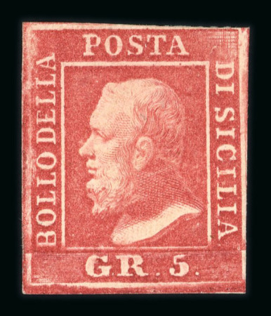 1859 5 Gr. Plate I, carmine (carminio), position 46 showing retouch (vertical and horizontal lines at upper right), with four margins. Fresh unused example with large part original brownish gum.  A scarce and attractive 
