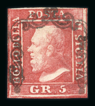 1859 5 Gr. Plate I, carmine (carminio), position 46 showing retouch (vertical and horizontal lines at upper right), with four margins. Fine used example.  A scarce and attractive example of this recorded retouched positi