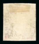 1859 5 Gr. Plate I, carmine (carminio), position 46 showing retouch (vertical and horizontal lines at upper right), with four margins. Fine used example.  A scarce and attractive example of this recorded retouched positi