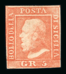 Stamp of Italian States » Sicily » 5 Grana, Plate I » Retouches Sicily 1859 5Gr. plate I, vermilion (vermiglio), mint with original white gum, close to good margins, showing position 46 with retouch, very fine and scarce.
