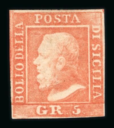 Stamp of Italian States » Sicily » 5 Grana, Plate I » Retouches Sicily 1859 5Gr. plate I, vermilion (vermiglio), mint with original white gum, close to good margins, showing position 46 with retouch, very fine and scarce.