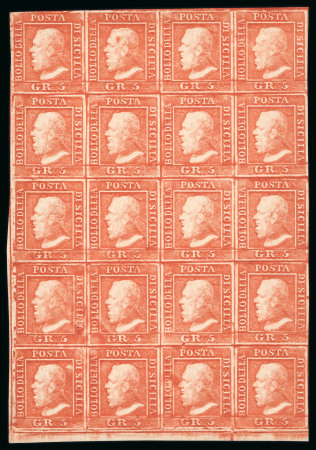 1859 5 Gr. Plate I, vermilion (vermiglio), bottom sheet marginal block of twenty (4 × 5), with good to large margins. Fresh mint multiple with full original gum.  A magnificent exhibition-quality multiple of exceptional 