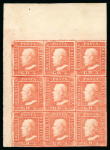 Stamp of Italian States » Sicily » 5 Grana, Plate I » Stamps Sicily Outstanding Postional Mint Block of Nine    1859 5 Gr. plate I, vermilion (vermiglio), mint top left corner sheet marginal block of nine (3 x 3), showing original gum, the bottom row folded, an extremely fresh and