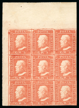 Stamp of Italian States » Sicily » 5 Grana, Plate I » Stamps Sicily Outstanding Postional Mint Block of Nine    1859 5 Gr. plate I, vermilion (vermiglio), mint top left corner sheet marginal block of nine (3 x 3), showing original gum, the bottom row folded, an extremely fresh and