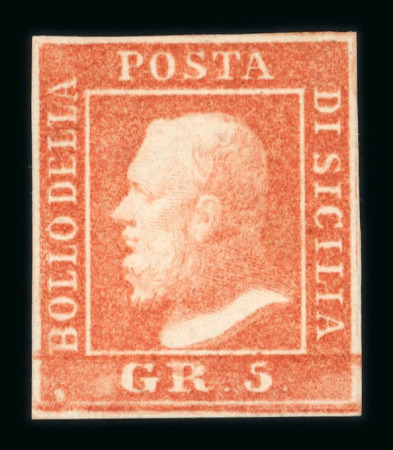 1859 5 Gr. Plate II, vermilion (vermiglio), position 12, with four margins. Fresh mint example with original gum.   A fine and attractive example of this desirable plate, displaying excellent freshness and well-preserved