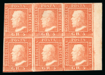 Stamp of Italian States » Sicily » 5 Grana, Plate II » Stamps Sicily 1859 5 Gr. plate II, vermilio (vermiglio), mint with original white gum on right-hand sheet marginal block of six, positions 28-30/38-40, fresh, very fine and a rare mint multiple.