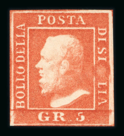 1859 5 Gr. Plate II, bright vermilion (vermiglio vivo), showing a dramatic printing flaw at right. Fresh mint example with original gum.  A scarce and attractive variety, distinguished by the prominent printing flaw and 