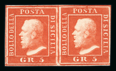 1859 5 Gr. Plate II, bright vermilion (vermiglio vivo), horizontal pair, positions 22–23, with good margins all round. Fresh unused example with large part original gum.   A scarce and attractive multiple, distinguished 