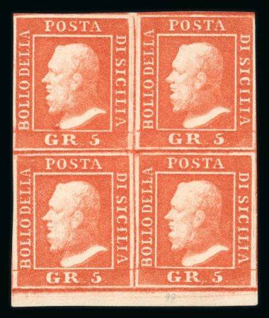 Stamp of Italian States » Sicily » 5 Grana, Plate II » Stamps Sicily 1859 5 Gr. plate II, bright vermilion (vermiglio vivo), mint bottom sheet margin block of four, positions 86-86/96-97, fresh, very fine and a rare mint multiple.