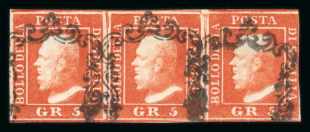 Stamp of Italian States » Sicily » 5 Grana, Plate II » Stamps Sicily 1859 5 Gr. plate II, bright vermilion (vermiglio vivo), used horizontal strip of three, showing clear framed cancels and close to good margins, very fine and an extremely rare used multiple, unpiced in Sassone.