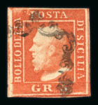 1859 5 Gr. Plate II, bright vermilion (vermiglio vivo), with four margins. Fine and scarce used example.   A fine and attractive stamp of this desirable shade.  Expertise: Signed E.Diena, Cert. Giacomo Bottacchi.