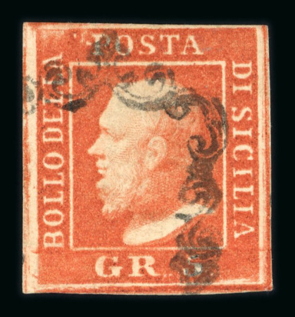 1859 5 Gr. Plate II, bright vermilion (vermiglio vivo), with four margins. Fine and scarce used example.   A fine and attractive stamp of this desirable shade.  Expertise: Signed E.Diena, Cert. Giacomo Bottacchi.