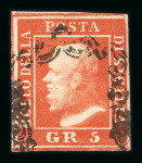 1859 5 Gr. Plate II, bright vermilion (vermiglio vivo), position 84, with four good even margins. Fine used example.   A fine and attractive stamp of this desirable shade, displaying excellent colour and overall appearan