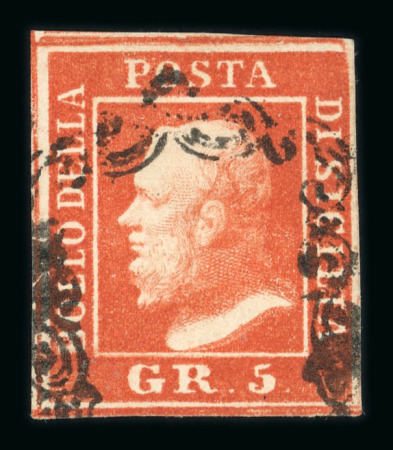 1859 5 Gr. Plate II, bright vermilion (vermiglio vivo), position 84, with four good even margins. Fine used example.   A fine and attractive stamp of this desirable shade, displaying excellent colour and overall appearan