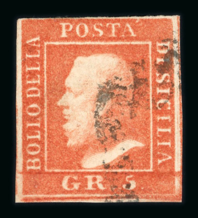 1859 5 Gr. Plate II, vermilion (vermiglio), with good even margins, close at top, used