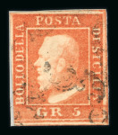 1859 5 Gr. Plate II, vermilion (vermiglio), position 23, on fragment with good even margins, just cut into at lower left. Fine used example, cancelled by a misplaced framed handstamp.   A fine and attractive piece, the u