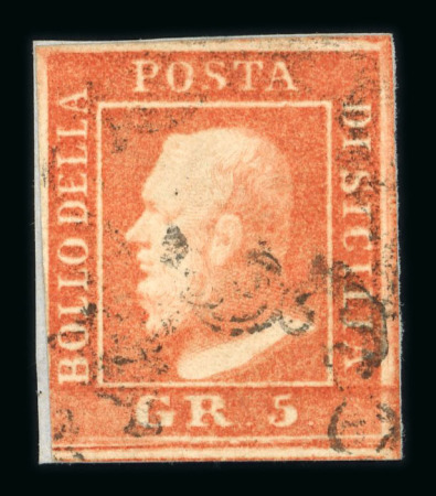 1859 5 Gr. Plate II, vermilion (vermiglio), position 23, on fragment with good even margins, just cut into at lower left. Fine used example, cancelled by a misplaced framed handstamp.   A fine and attractive piece, the u