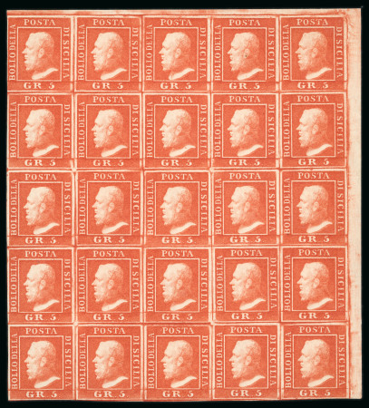 Stamp of Italian States » Sicily » 5 Grana, Plate II » Stamps ** Sicily Outstanding Corner Sheet Marginal Block of Twenty Five    1859 5Gr. plate II, bright vermilion (vermiglio vivo), mint top right corner sheet marginal block of 25 with original white gum, positions 6-10 to 50-56