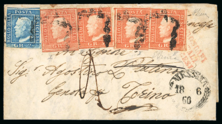 Stamp of Italian States » Sicily » 5 Grana, Plate II » Covers Sicily 1859 5Gr plate I and plate II (3) vermiglio plus 2Gr entire to Torino