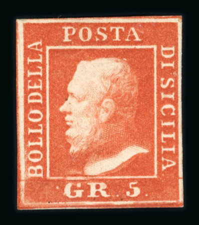 1859 5 Gr. Plate II, bright vermilion (vermiglio vivo), position 90, showing retouch (horizontal lines above the “G” of “GR”), with four margins. Fresh unused example with large part original gum.   A scarce and attracti