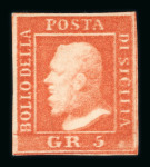 1859 5 Gr. Plate II, vermilion (vermiglio), position 94, showing the stampa smossa (slipped printing) variety. Fresh mint example with original gum.  A scarce and highly desirable printing variety, displaying the charact