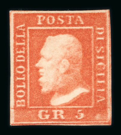 1859 5 Gr. Plate II, vermilion (vermiglio), position 94, showing the stampa smossa (slipped printing) variety. Fresh mint example with original gum.  A scarce and highly desirable printing variety, displaying the charact