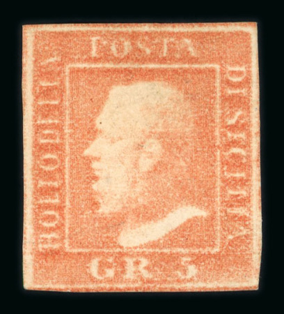 1859 5 Gr. Plate II, vermilion (vermiglio), position 94, showing the stampa smossa (slipped printing) variety. Fresh unused example with large part original gum.  A scarce and highly desirable printing variety, displayin