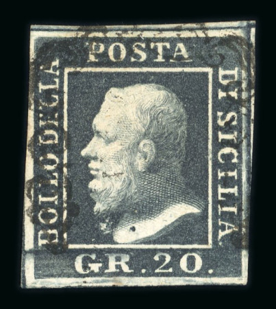 1859 20 Gr., black-slate (nero ardesia), with four margins. Fine used example.  A scarce and attractive example of this rare shade, displaying excellent colour and overall appearance.   Expertise: Signed "ED" Emilio Dien