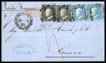 1859 20 Gr., two singles of black-slate (nero ardesia), together with two singles 2 Gr., on cover dated 20 February from Messina to Genoa. Endorsed "Postale Francese" and struck with the red three-line maritime handstamp