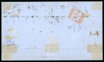 1859 20 Gr., two singles of black-slate (nero ardesia), together with two singles 2 Gr., on cover dated 20 February from Messina to Genoa. Endorsed "Postale Francese" and struck with the red three-line maritime handstamp