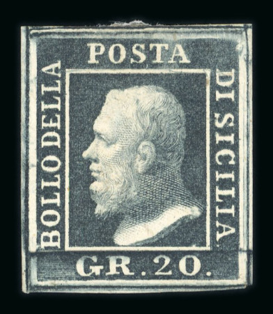 1859 20 Gr., black slate (ardesia nero), with four even margins. Fresh unused example without gum.   A scarce and attractive example of this desirable shade, displaying excellent colour and overall appearance.  Expertise