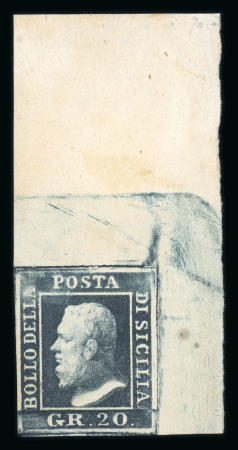 Stamp of Italian States » Sicily » 20 Grana » Stamps 1859 20 Gr. dark slate (ardesia scuro), mint with original whitish gum, top right corner sheet marginal with very large uncut top margin, fresh, exceptionally fine exhibition showpiece, unusual in this state.