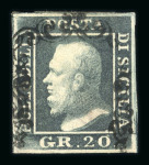 1859 20 Gr., dark slate (ardesia scuro), position 56, with four good even margins. Two light wrinkles. Fresh used example.  A scarce and attractive example of this desirable shade, displaying excellent colour and overall