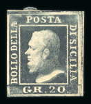 1859 20 Gr., dark slate (ardesia scuro), with four good to large margins. Fresh unused example with large part original brownish gum.   A scarce and highly attractive example of this desirable shade, displaying excellent