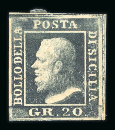 1859 20 Gr., dark slate (ardesia scuro), with four good to large margins. Fresh unused example with large part original brownish gum.   A scarce and highly attractive example of this desirable shade, displaying excellent