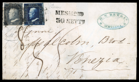 1859 20 Gr. and 10 Gr., on entire dated 30 September from Messina to Venice, written in English. Stamps with close to good margins, tied by the two-line Messina despatch handstamp at centre. Various manuscript rate marki