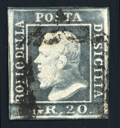1859 20 Gr., dark slate (ardesia scuro), with four margins. Fine used example.  A scarce and attractive example of this high value, displaying excellent colour and overall appearance.   Expertise: Signed "AD" Alberto Die
