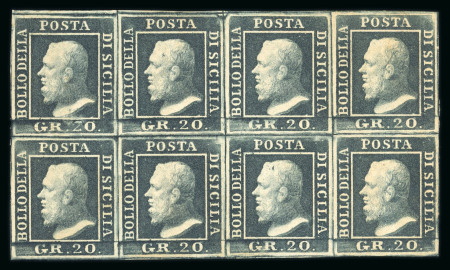1859 20 Gr., dark slate (ardesia scuro), block of eight (4 × 2), positions 72-75/82-85, with four margins all around. Fresh mint and mint nh multiple with full original gum.  A rare and highly impressive exhibition multi