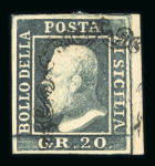 Stamp of Italian States » Sicily » 20 Grana » Stamps 1859 20 Gr. slate grey (grigio ardesia), used right-hand sheet marginal single used, fine and scarce.