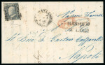 1859 20 Gr., on entire dated 1 July from Catania to Naples, bearing a single franking with good to close margins. Endorsed "Vapore Francese" and routed via Messina, with red oval maritime handstamp and arrival backstamp.