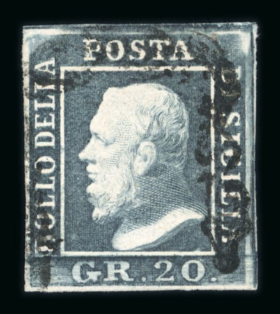 1859 20 Gr., slate-grey (grigio ardesia), with four good margins. Fine used example with a particularly well-centred cancellation.  A scarce and attractive example of this high value, displaying excellent colour and an e